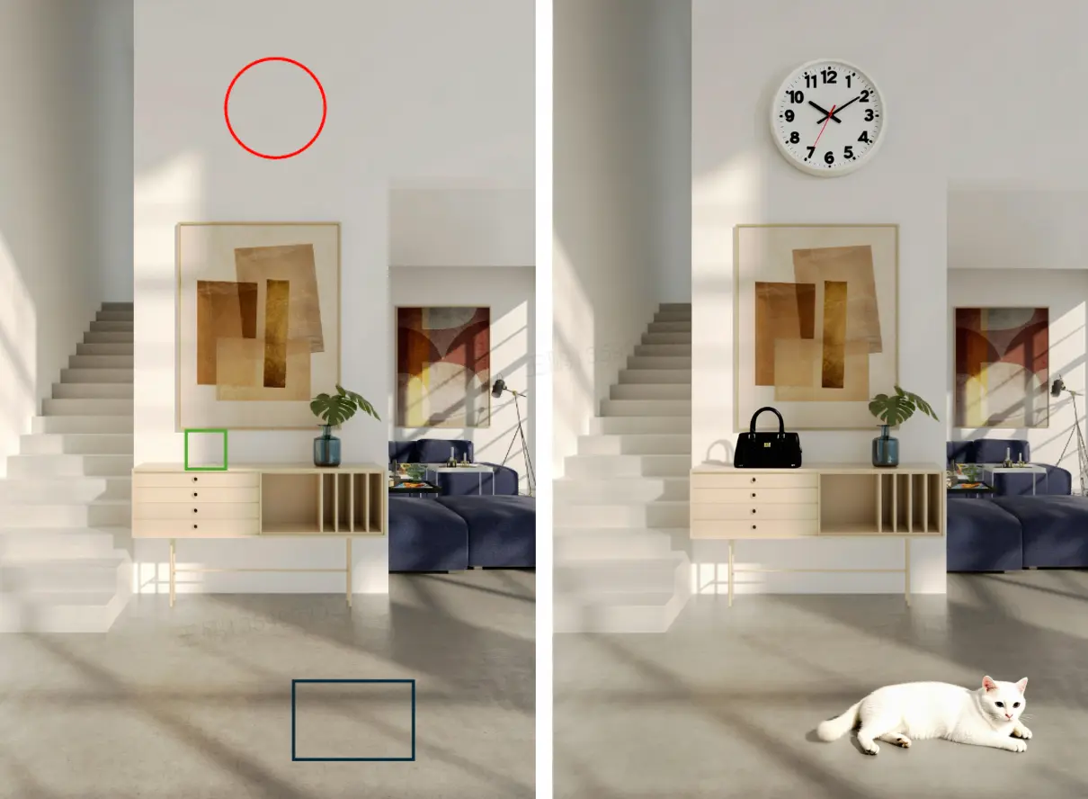 prompt：在紅色圈添加一個白色的鐘表，綠色框添加黑色的手提包，黑色框添加一隻白色的貓