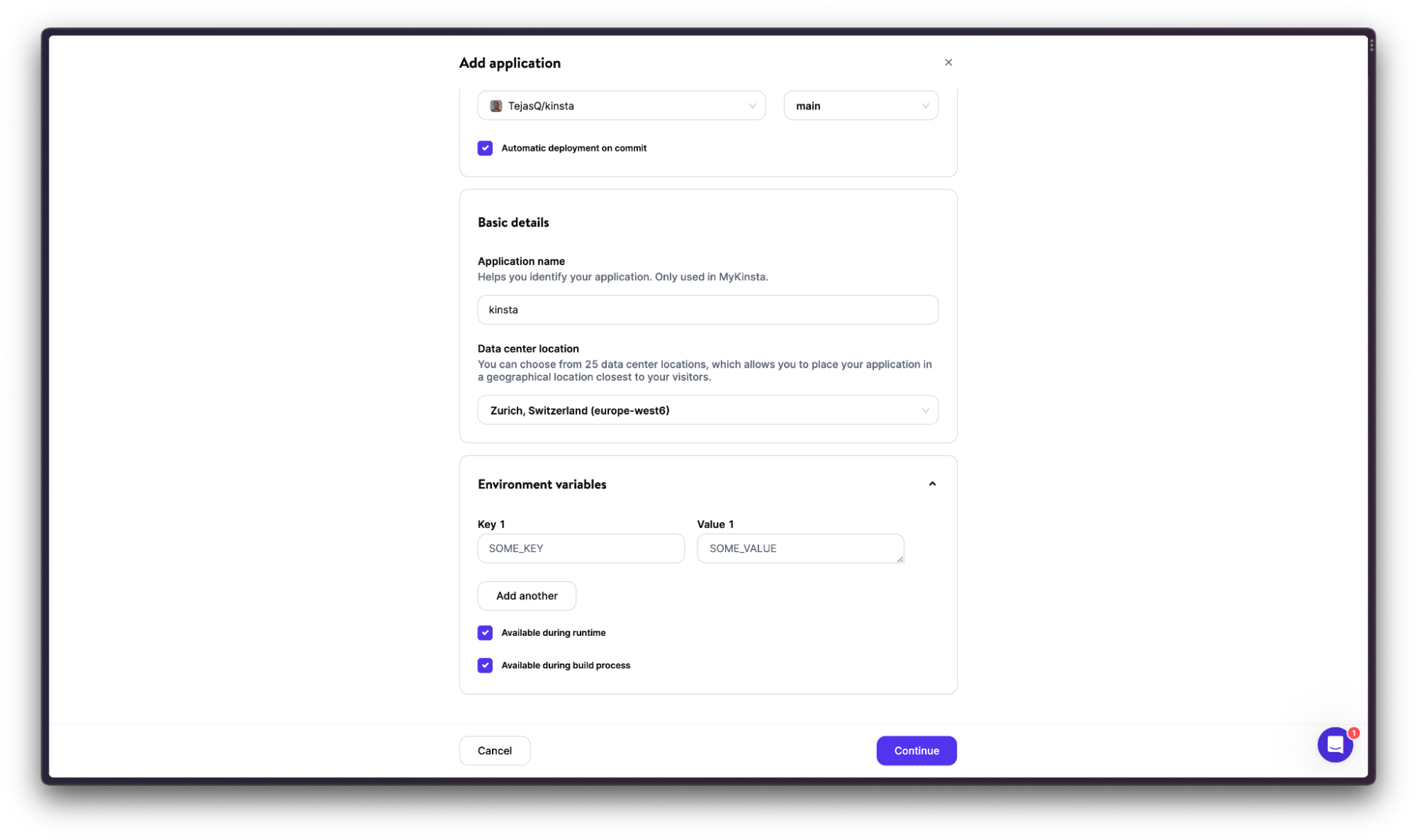 Adding an application in Kinsta