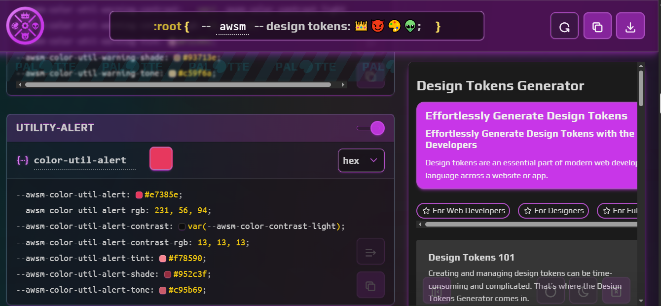 Design-tokens.dev screen showing the output of named design tokens generated by the system.
