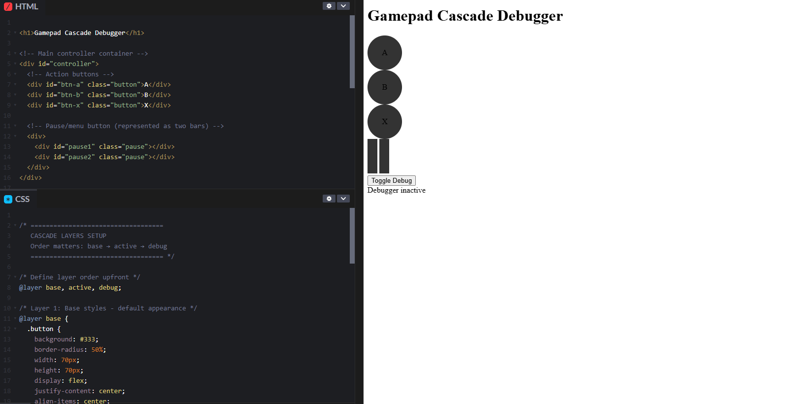 The debugger’s initial state showing the button layout (A, B, X, and pause bars)