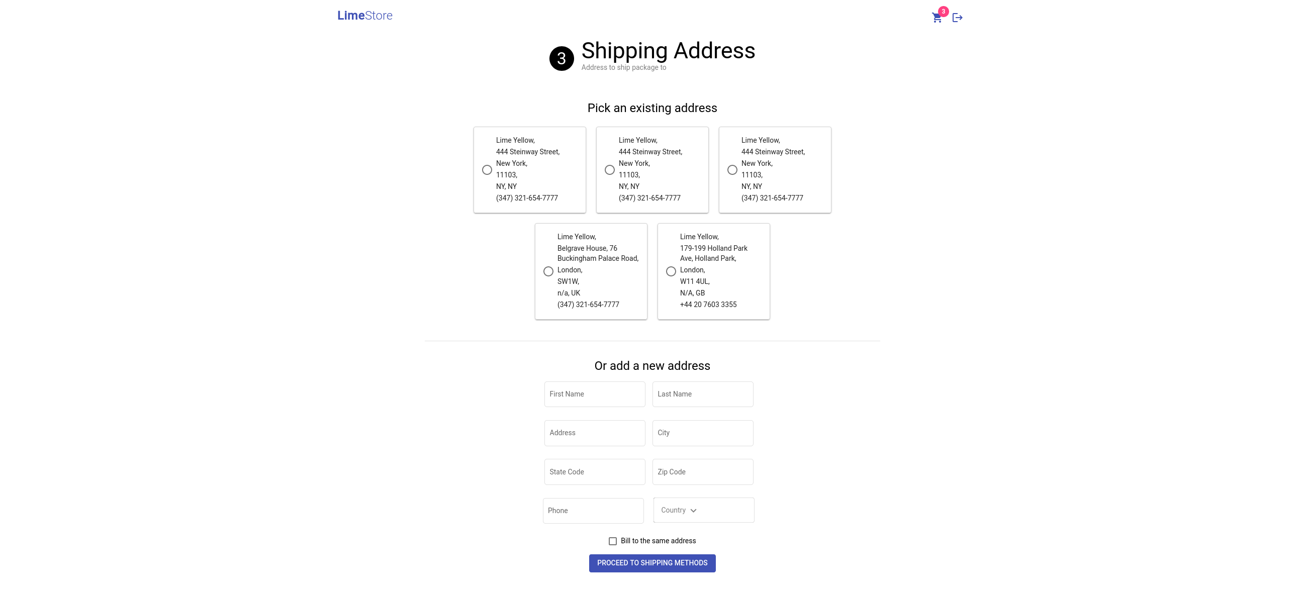Screenshot of shipping address page
