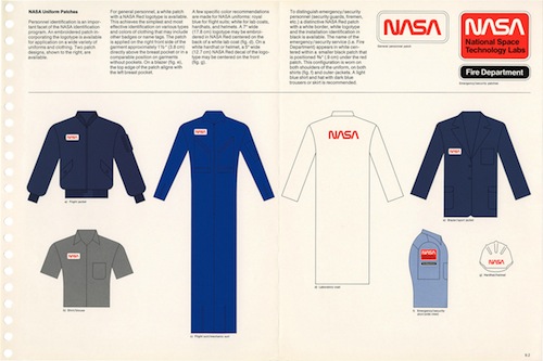A page from the NASA Graphics Manual depicting logo placement on uniforms for the fire department.