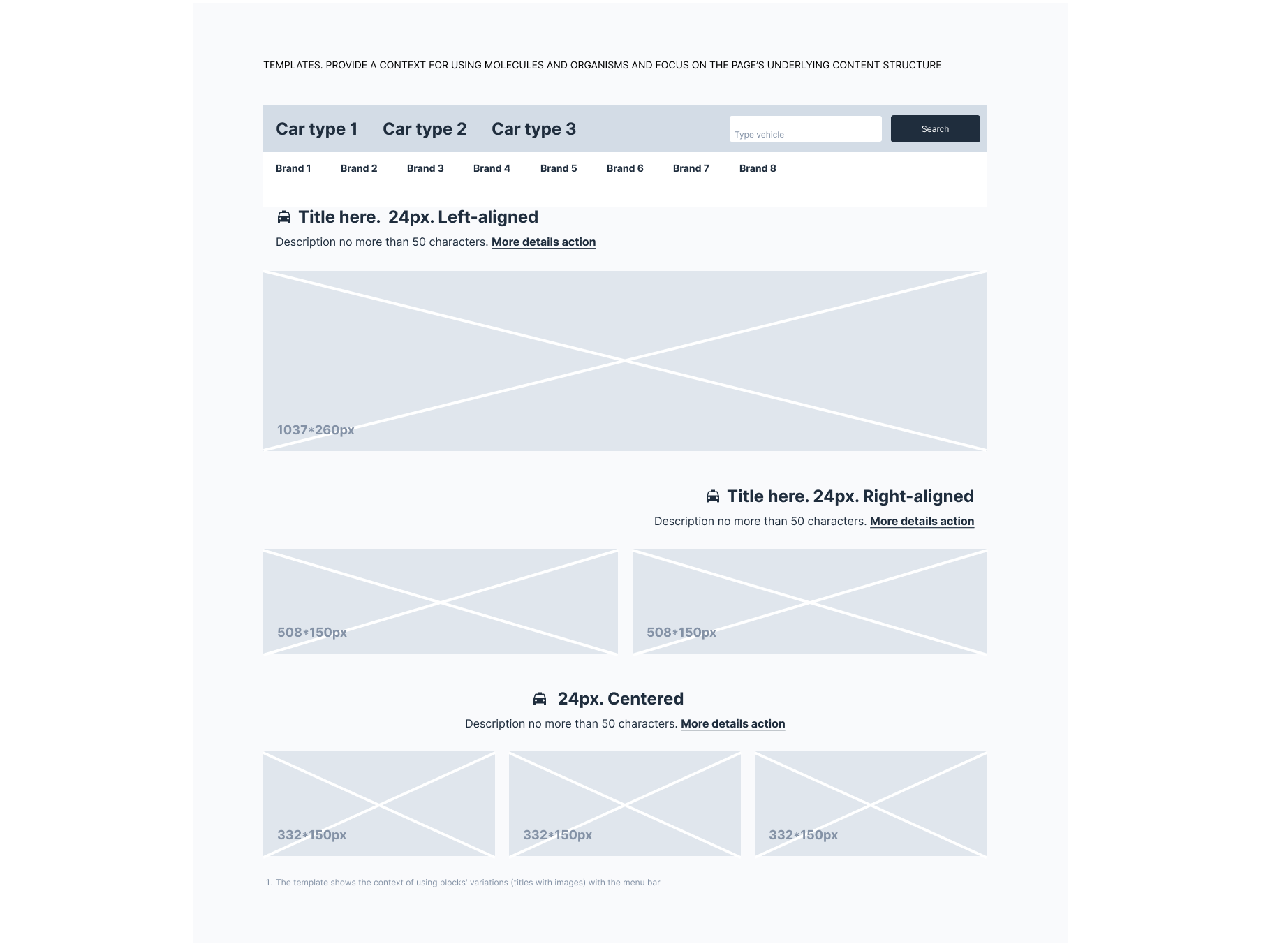 An example of a template according to the Atomic design approach. Example: A template shows the context for using block variations (titles with images) with a menu bar