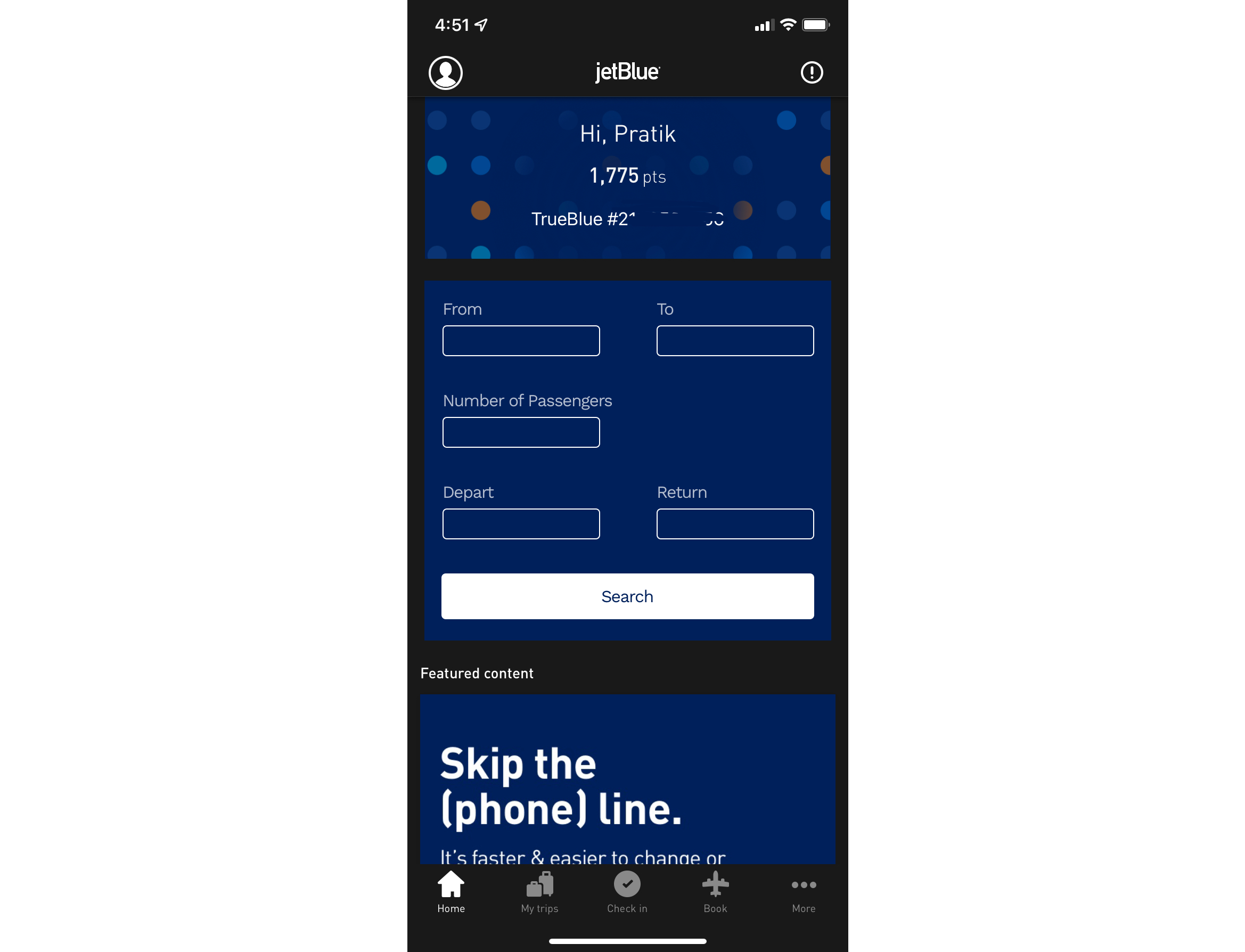Jetblue Home experience with a search bar
