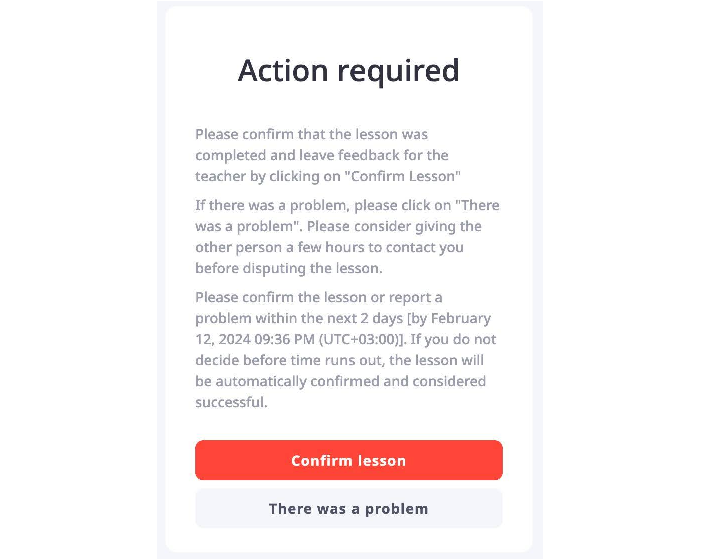 “Action required” title in italki’s alert