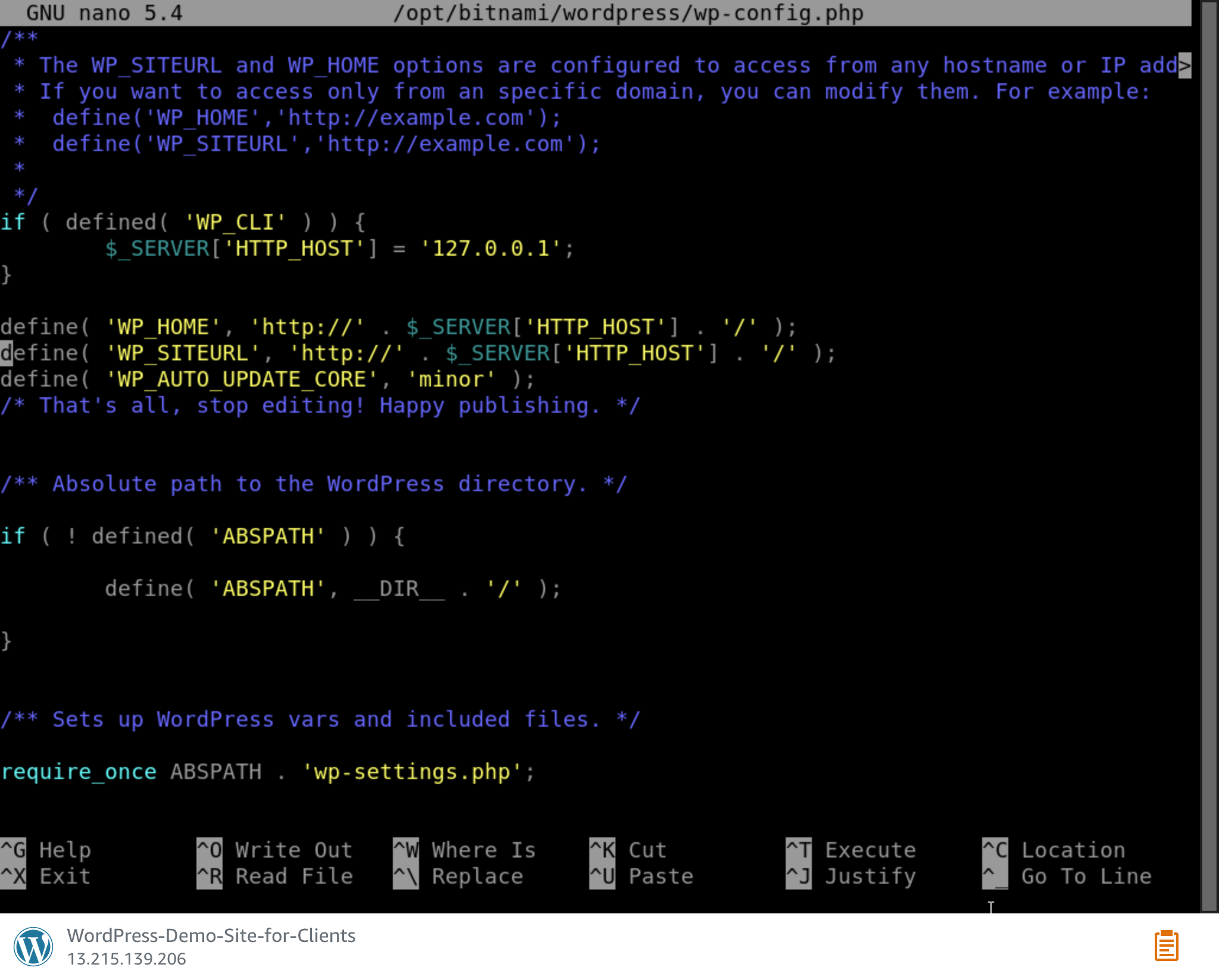 Editing the wpconfig.php file with nano
