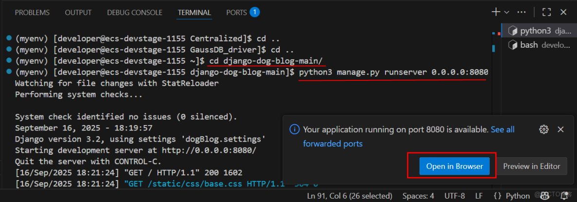 基於遠程開發環境部署Django與開發者空間GaussDB的極簡博客系統_數據庫_29