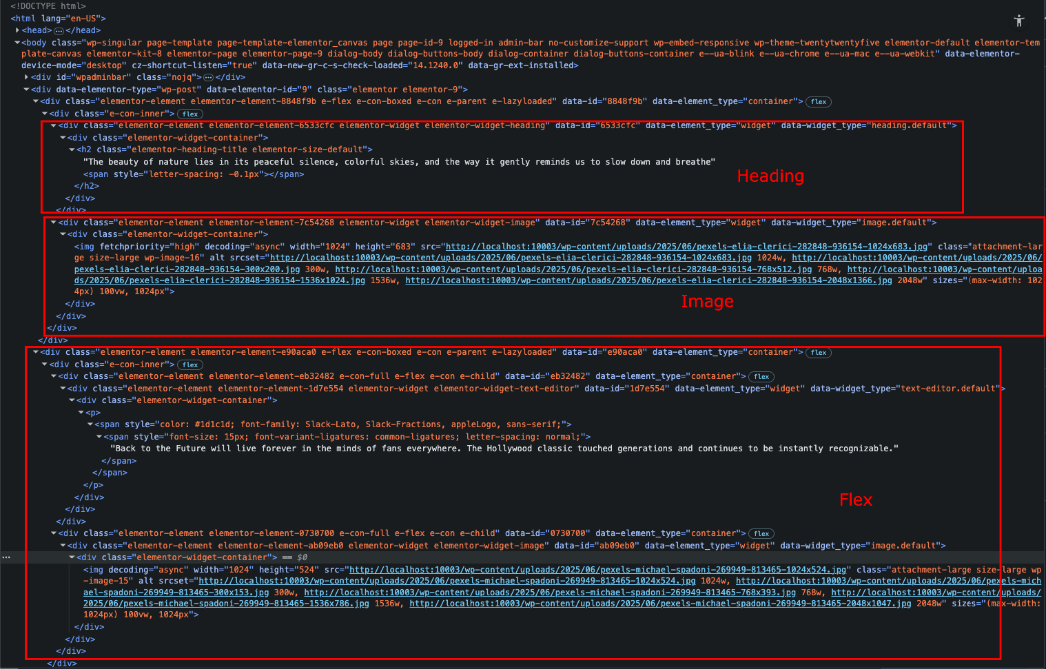 Screenshot of Elementor’s complex and heavily nested HTML code.