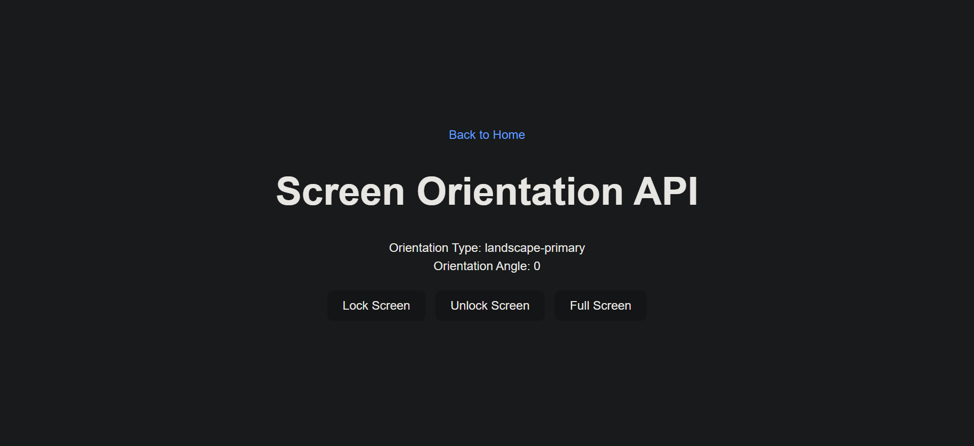 Screen Orientation type and angle being displayed