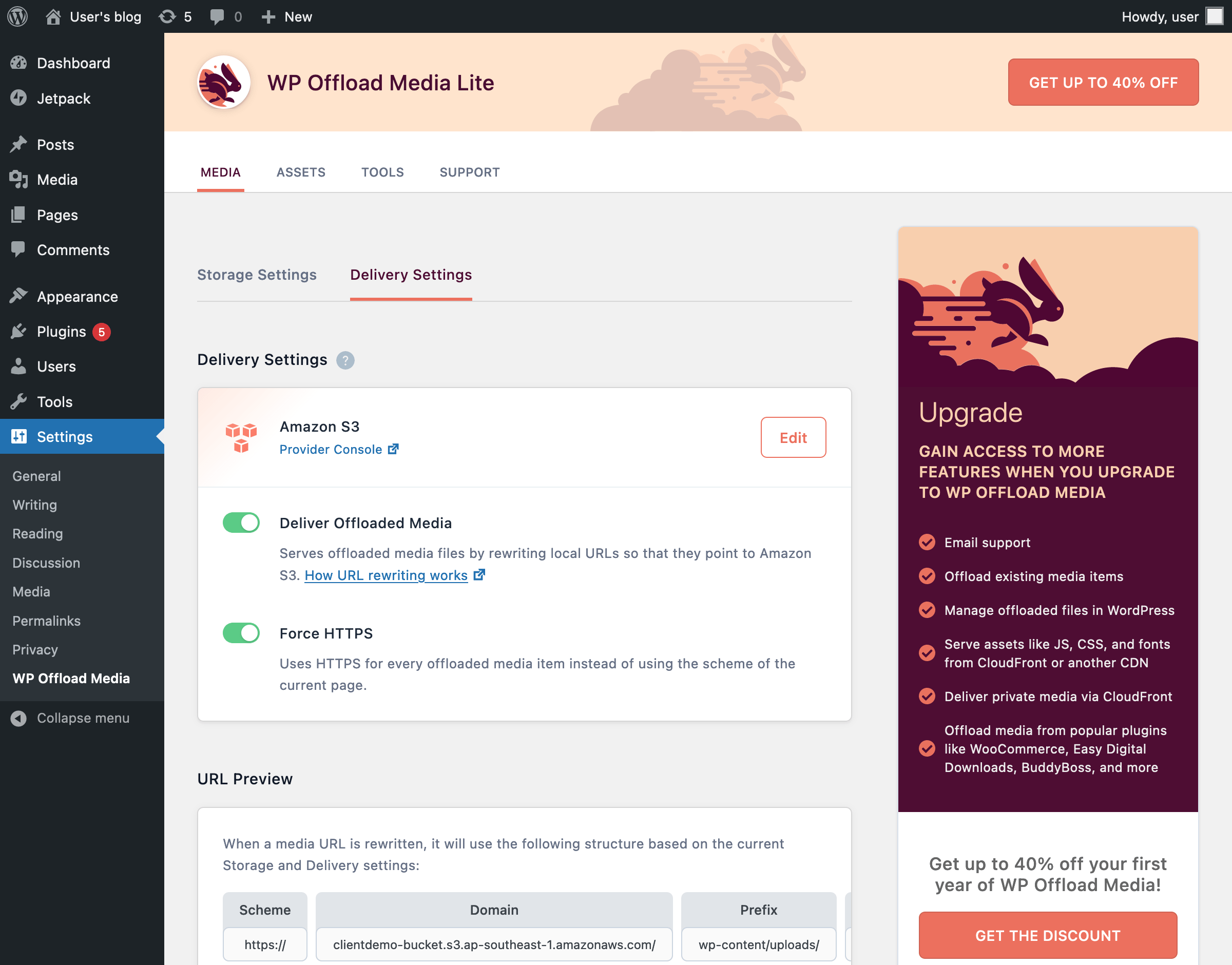 Delivery Settings for WP Offload Media Lite