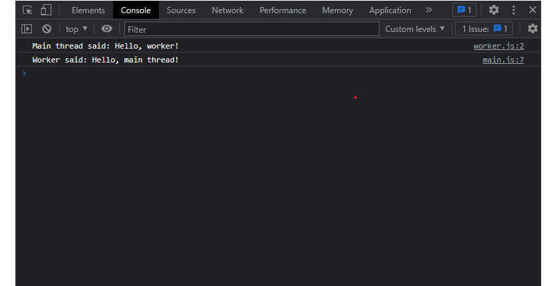Messages in the console between the main thread and the worker thread