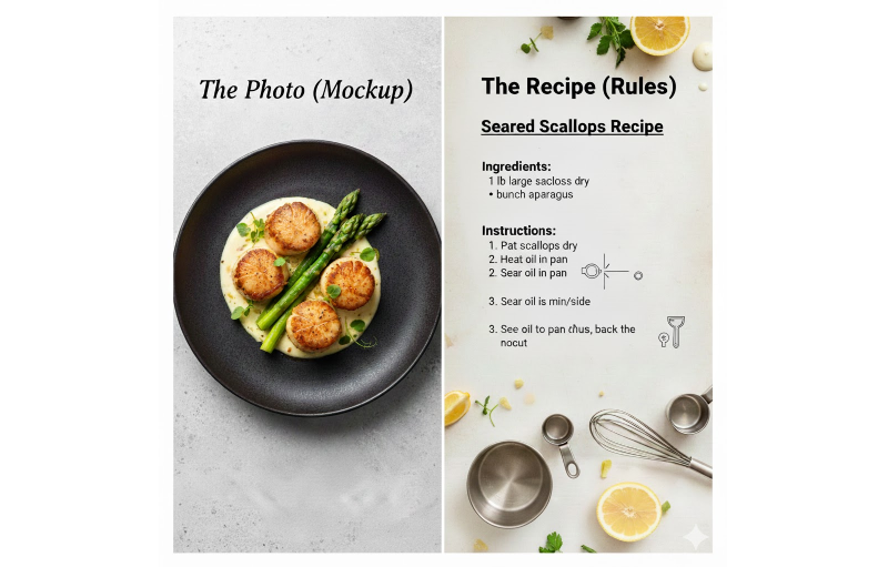 On the left, a styled food photo labeled “The Photo (Mockup)”; on the right, a recipe layout labeled “The Recipe (Rules)”.