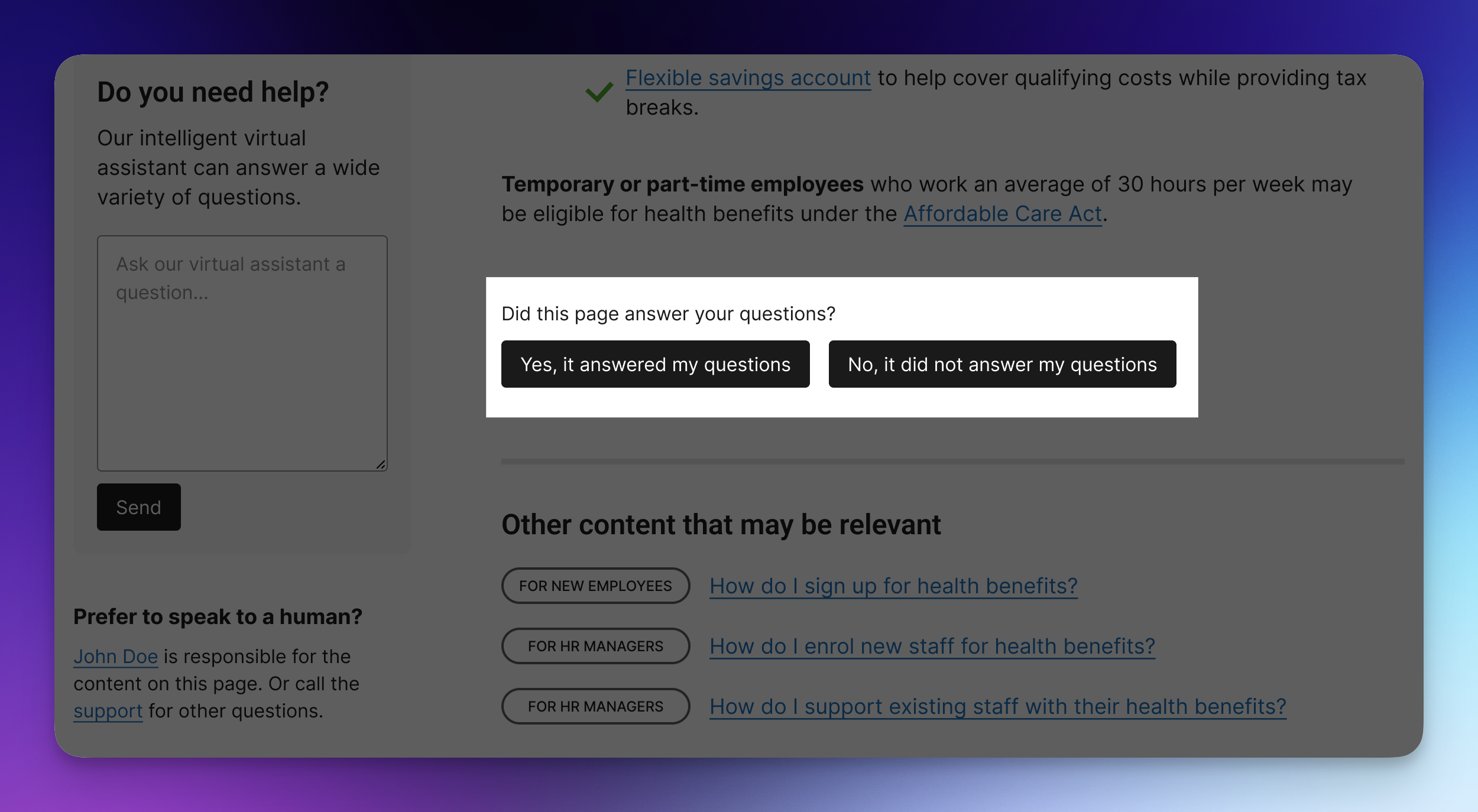 A website page with a short one-question survey ‘Did this page answer your questions?’