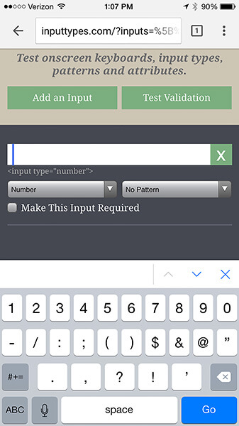 In iOS, the keyboard displayed in response to the number input type contains the number keys.