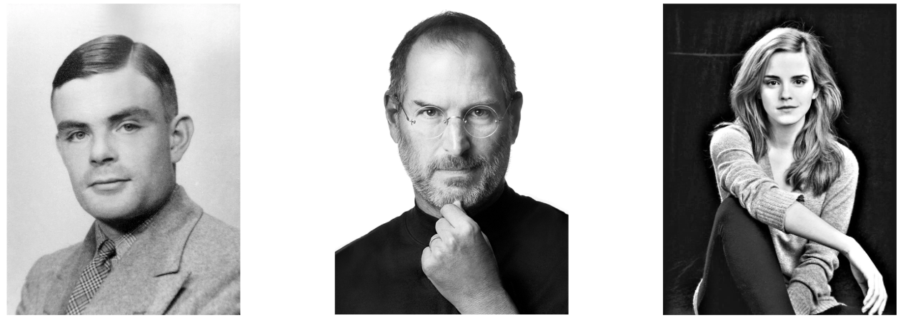Pictures of Alan Turing, Emma Watson, and Steve Jobs