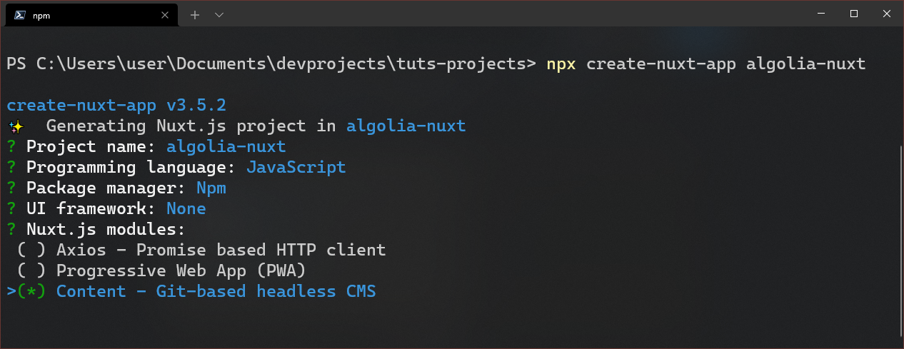 Nuxt installation in terminal.