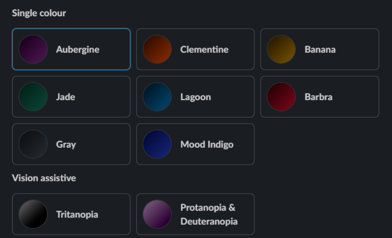 Image showing the color options available using Slack’s dark mode