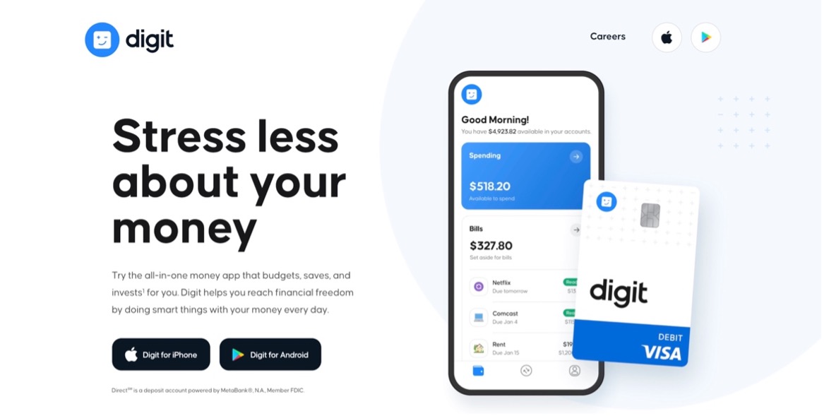 A screenshot of the Digit app website from 2020.