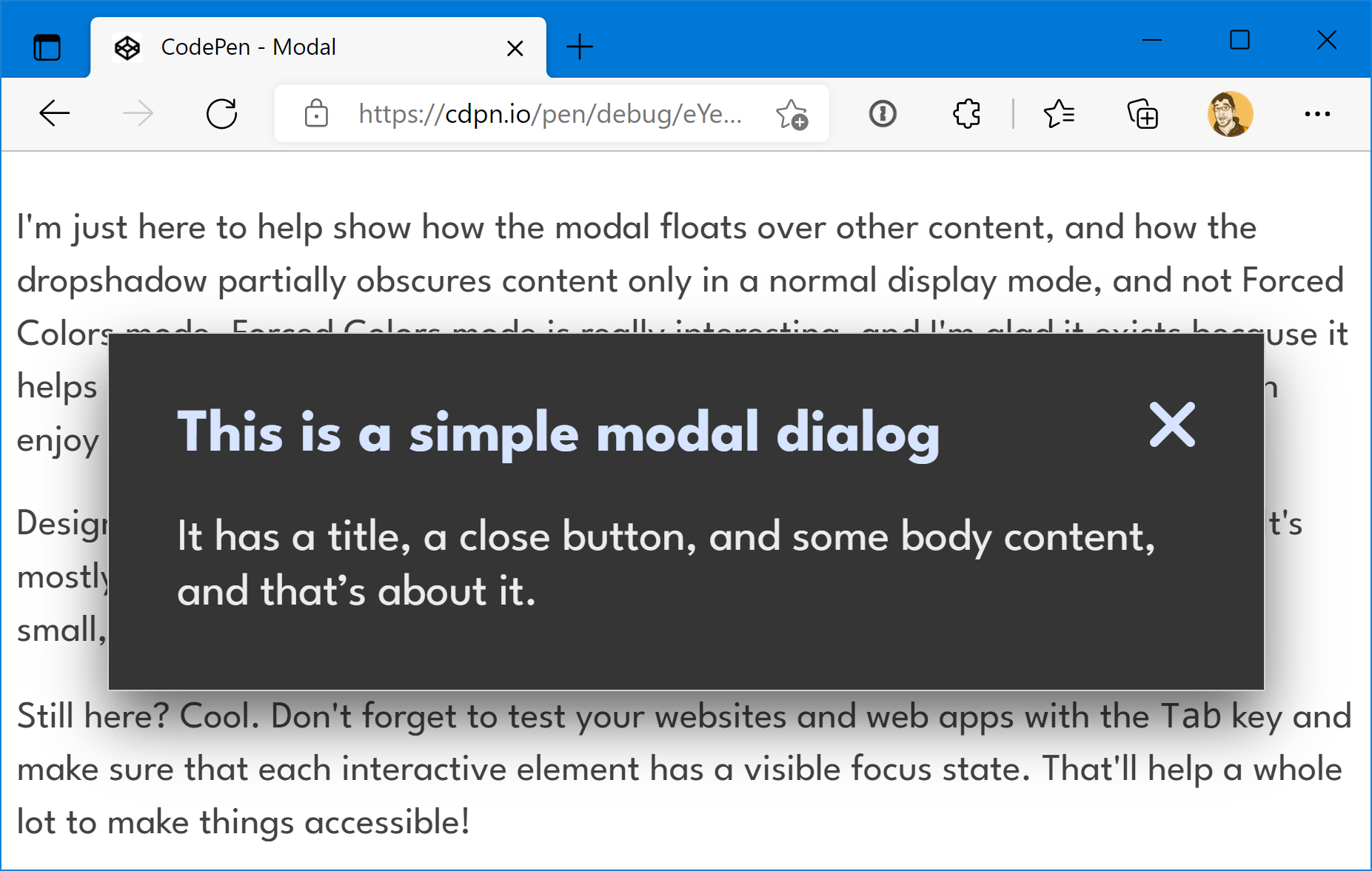 A screenshot of a small modal with a title, close button, body content, and a dark background floating above some placeholder text on the page with a light background below it.