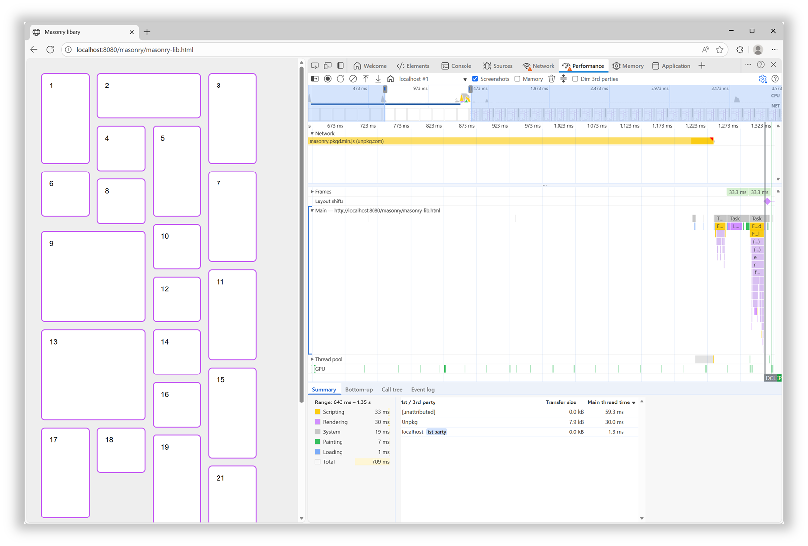 A performance recording showing 600ms load time for the Masonry library