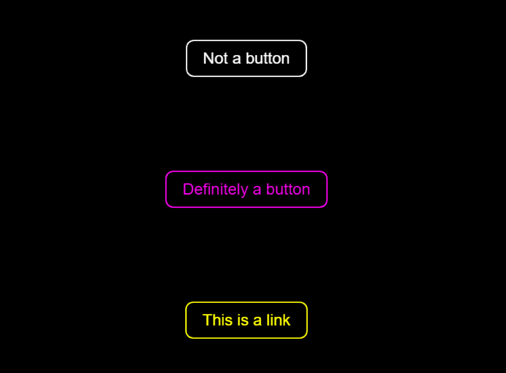 Example of three elements with the same style under High Contrast Mode. The first one is a div, the second one is a button, and the third one is a link.