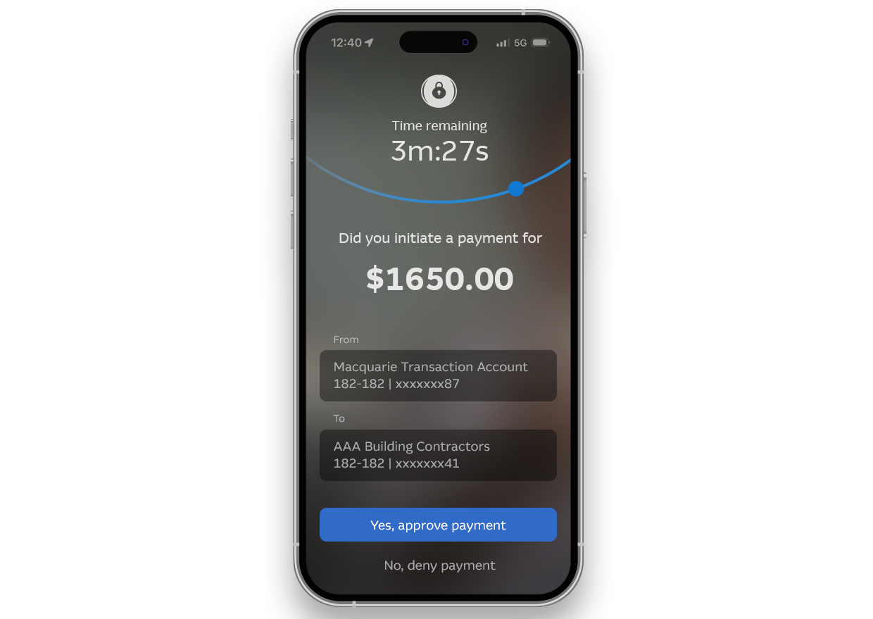 Macquarie Bank's prompts to approve transactions