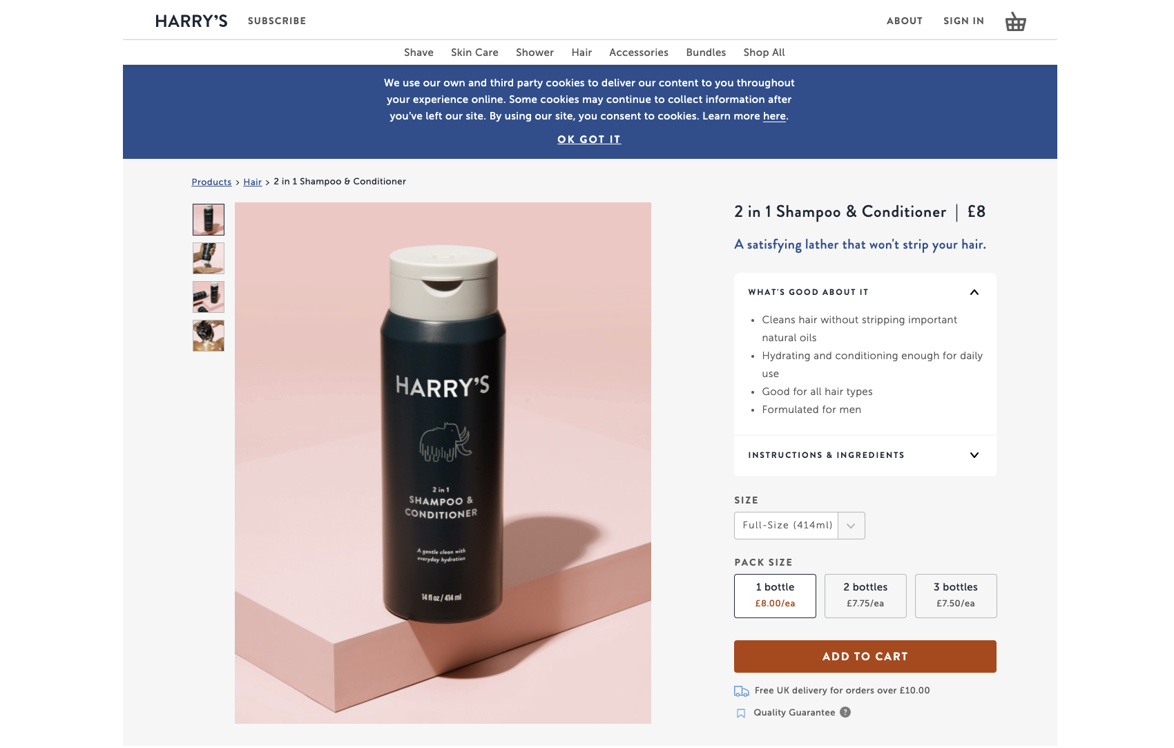 A screenshot from Harry’s website with its products