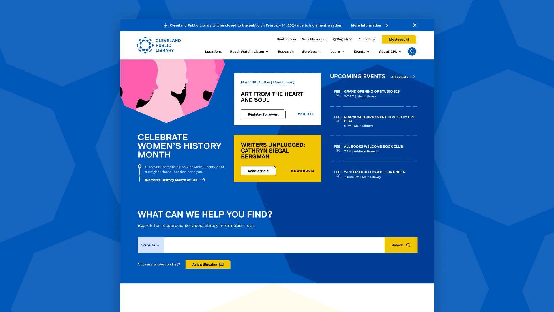 A screenshot of the homepage for the Cleveland Public Library is shown with cards and content stacked neatly on a blue background.