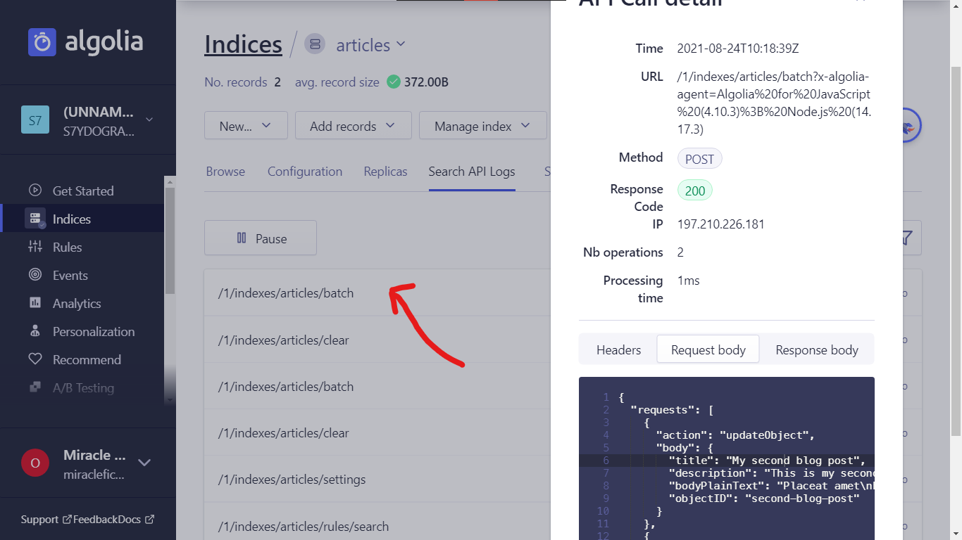 Screenshot of Algolia indices page showing search api logs to confirm index creation