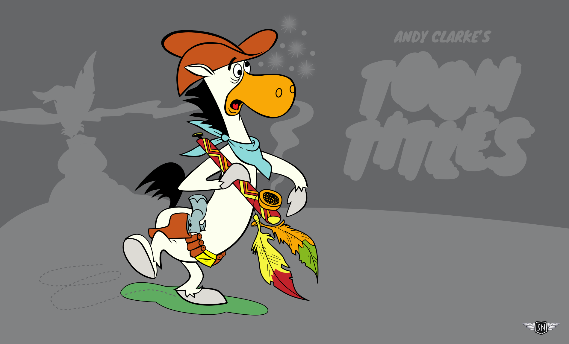 Illustrated Quick Draw McGraw holding the feather-adorned pipe with dizzy eyes veering right.