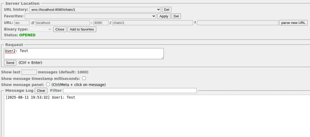 圖片：兩個 WebSocket 客户端交換消息的屏幕截圖