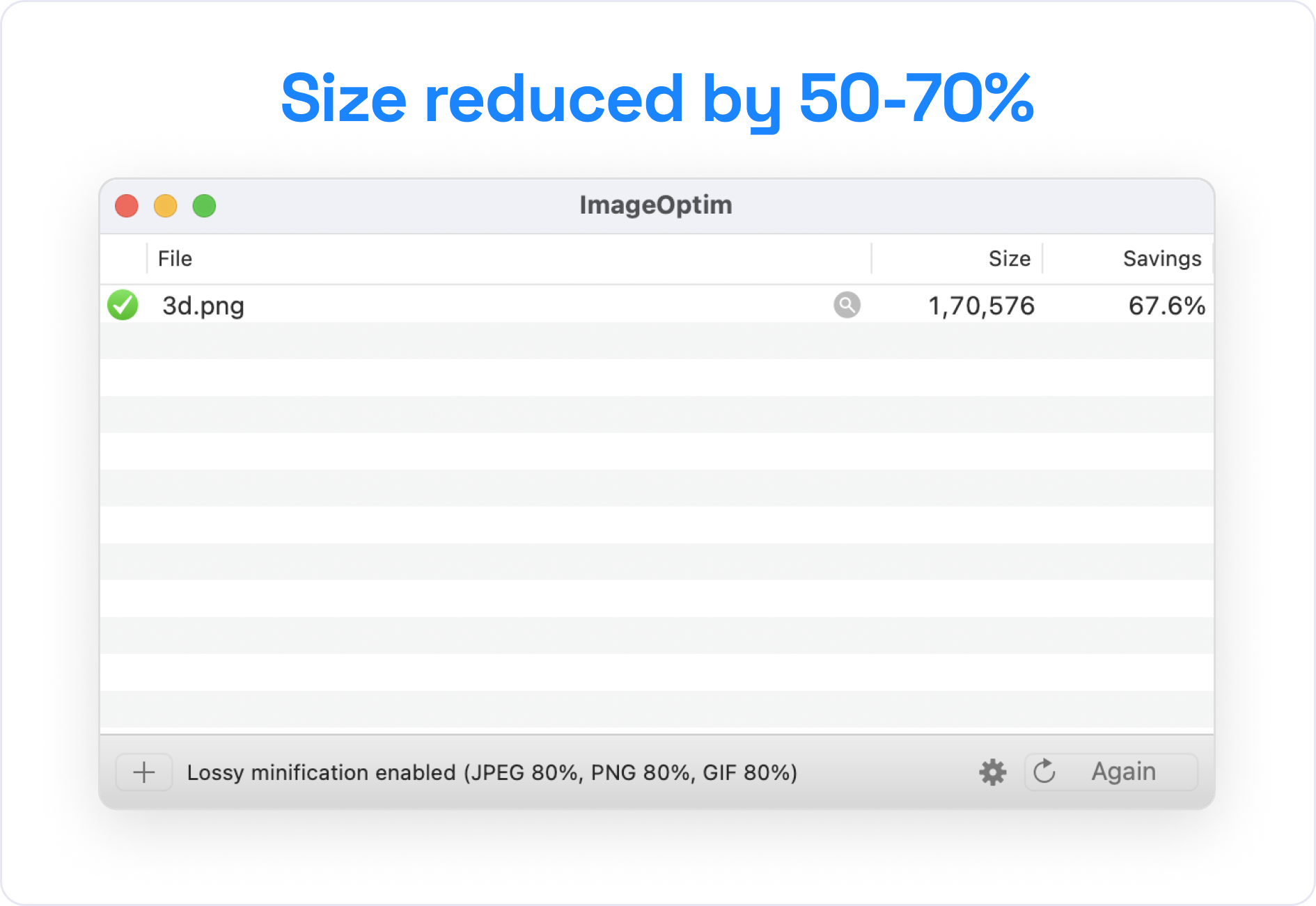 A screenshot showing the reduced file size of one icon after running ImageOptim