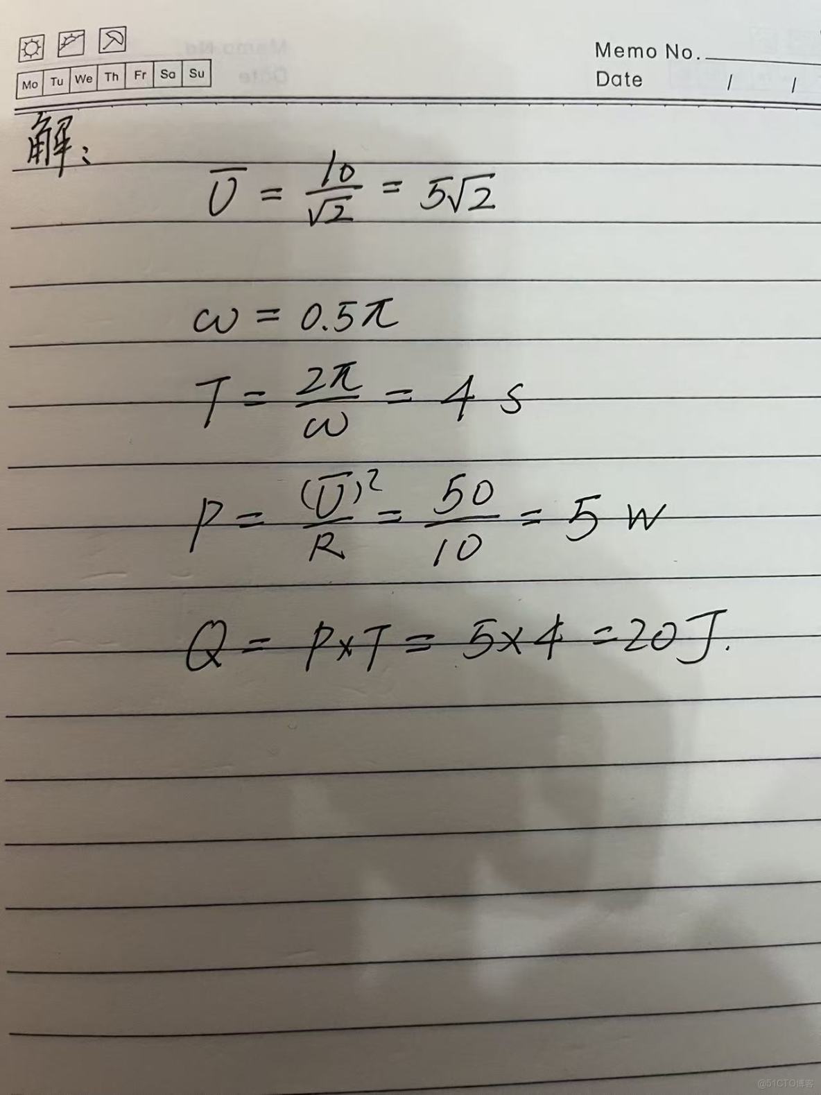 【高中物理/交流電】（鞍山一中26屆高二上學期期末考試物理卷#1）在阻值R=100Ω的定值電阻兩端接一交流電壓，電壓表達式為U(t)=10*sin(0.5*PI*t+PI/3)伏特，則該電阻在電壓的一_物理_02