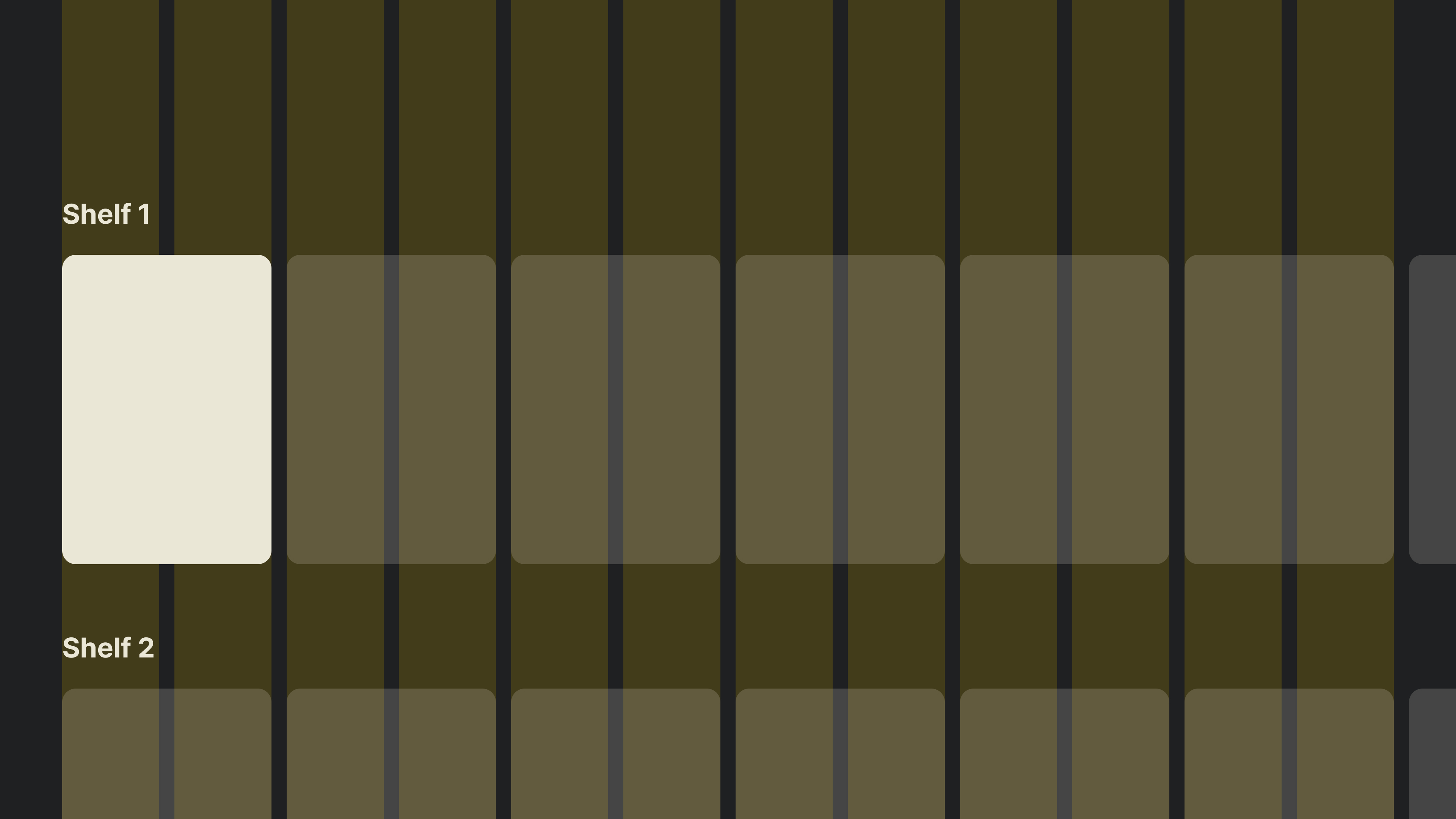 12-column TV layout grid with two horizontal content shelves. Each shelf contains rectangular tiles, each spanning 2 columns. The tiles are aligned to the grid, and the last tile in each row extends beyond the visible screen area.