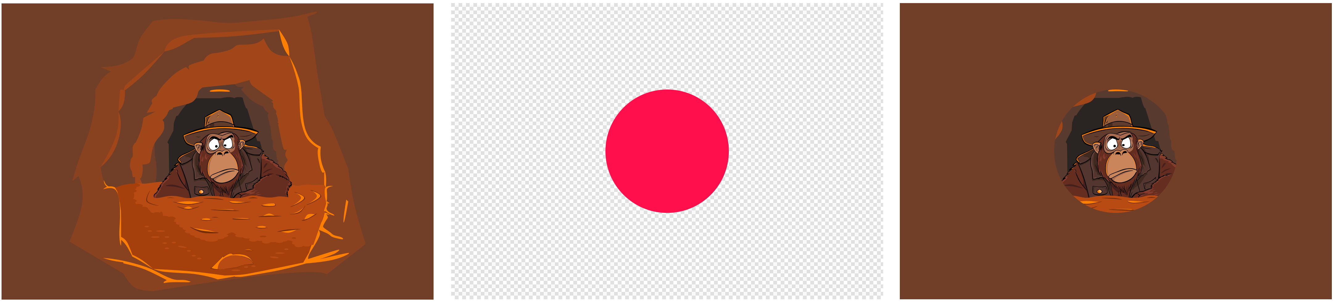 A cartoon gorilla wearing a fedora and leather jacket is shown inside a circular cutout at the center of a brown background demonstrating a masking effect