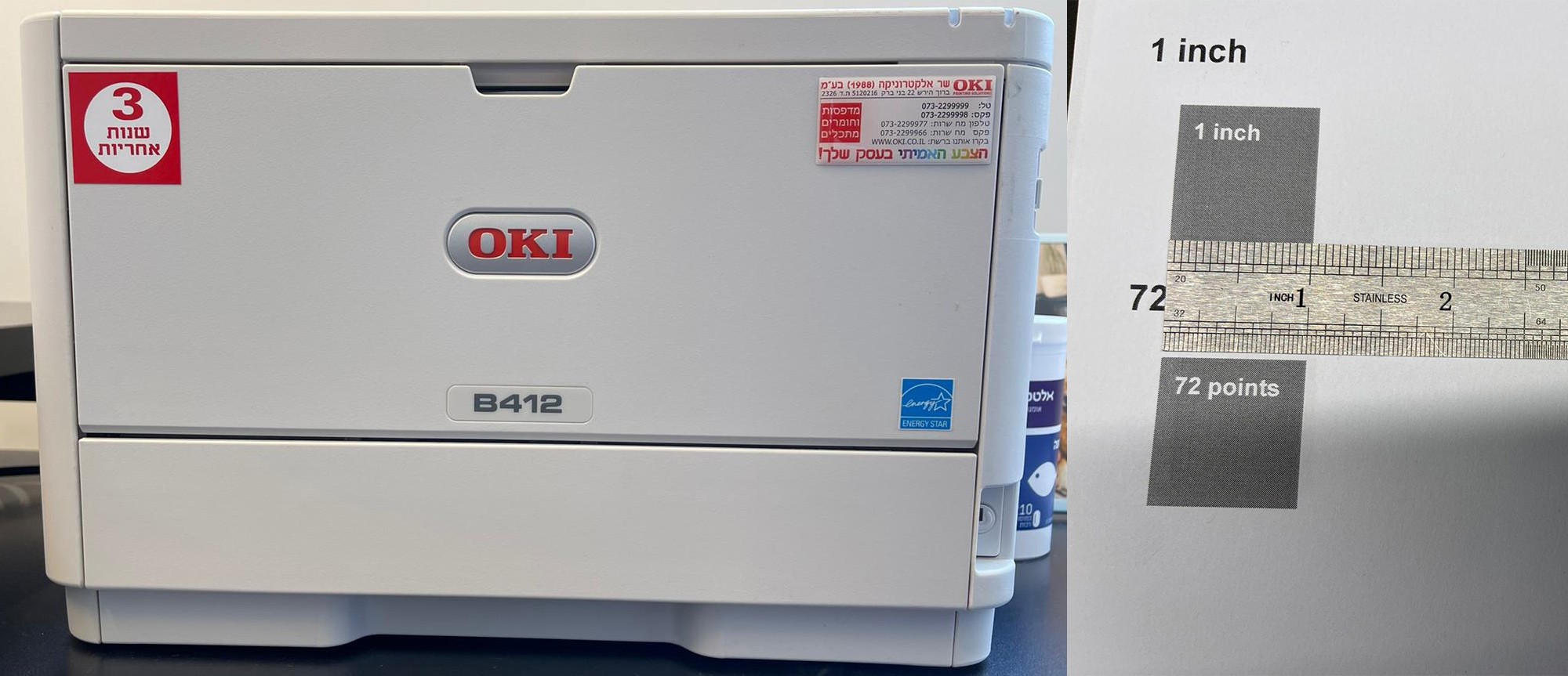 On the left, the printer. On the right, the printed test.