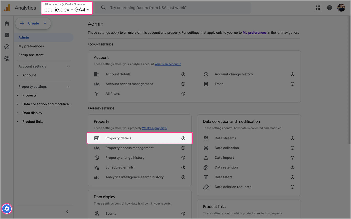 A screenshot of the Google Analytics account with the highlighted Property details