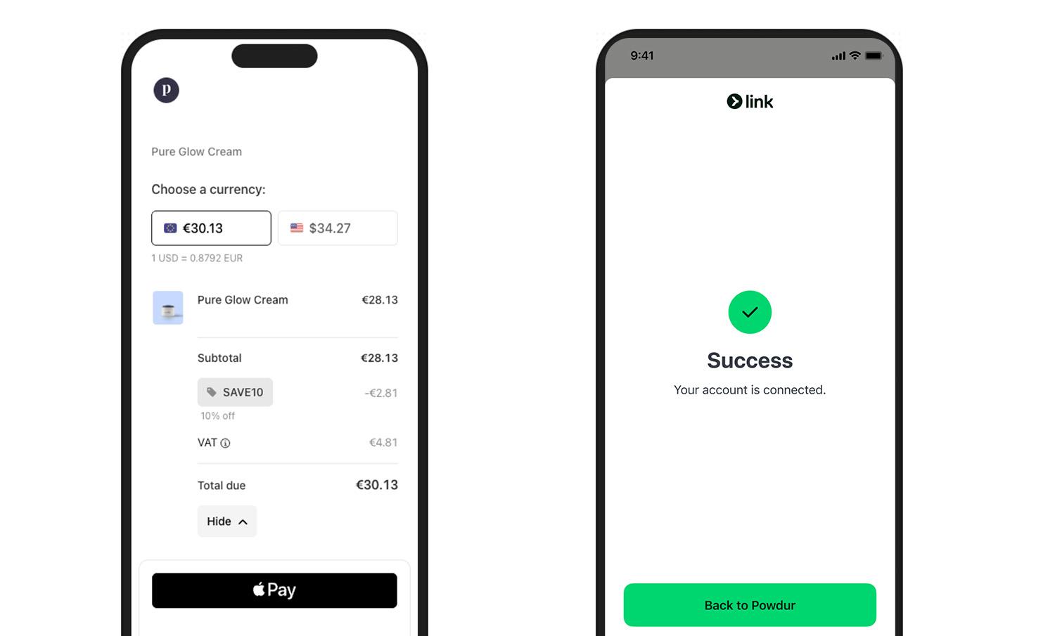 Two screens: Review & Pay → Payment Successful.