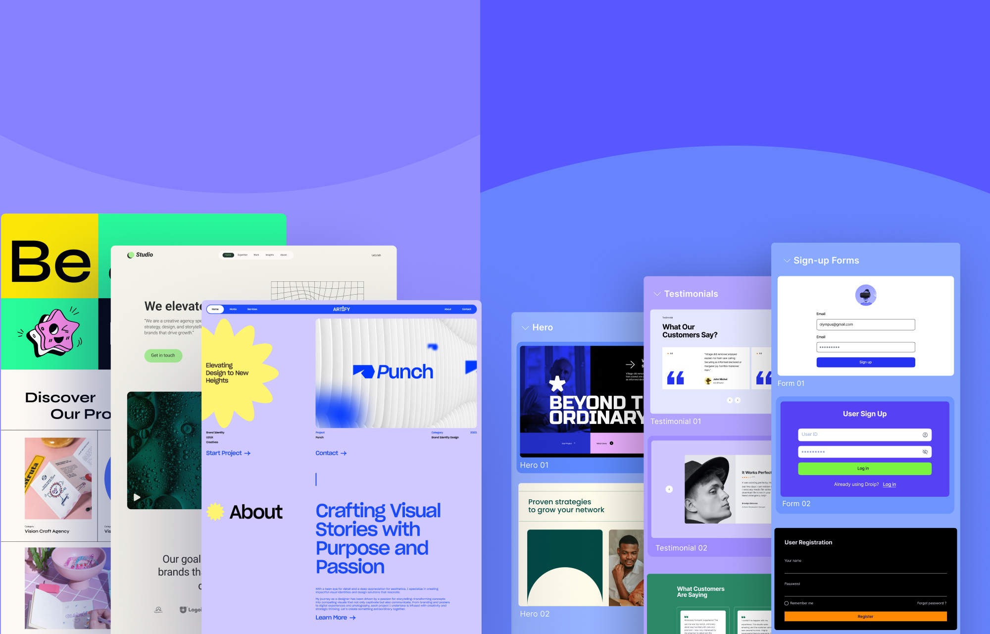 Preview of Droip’s template library and layout options.