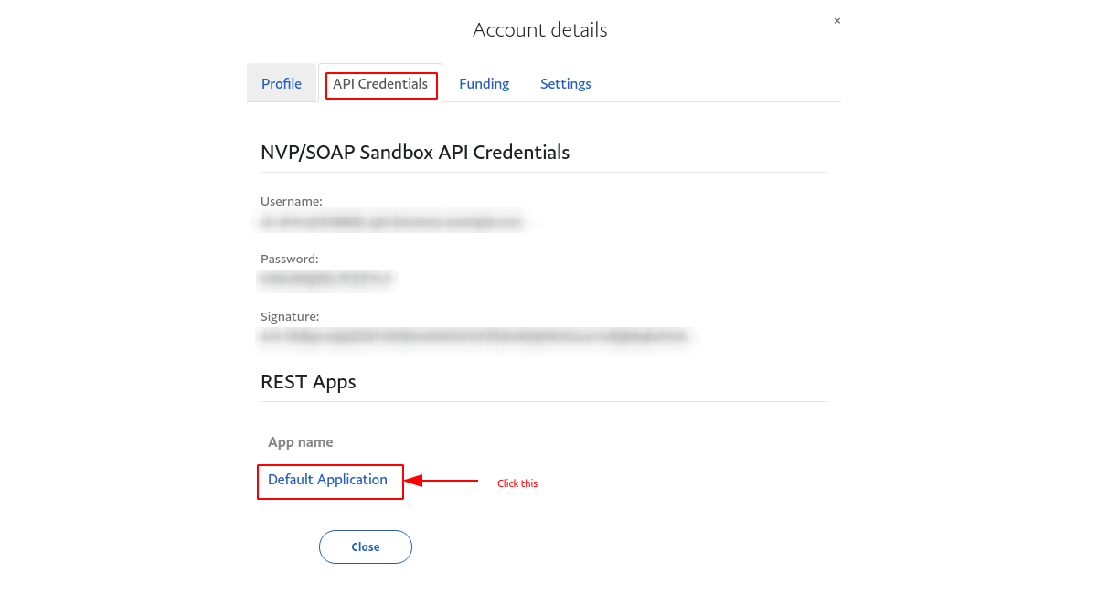 API Credentials tab on Paypal Sandbox business account details pop-up