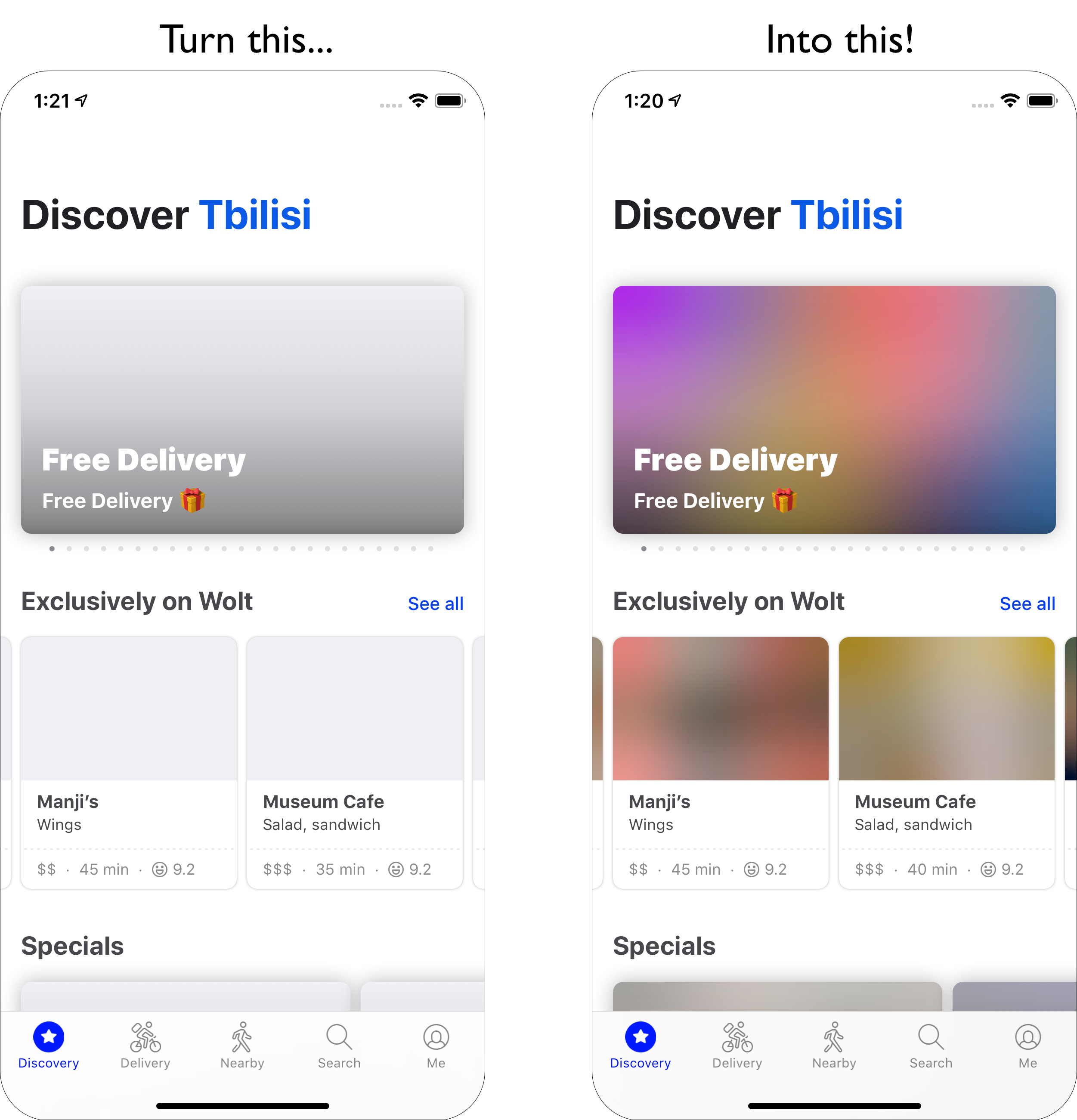 A comparison of an interface without image placeholders on the left and with placeholders shown on the right