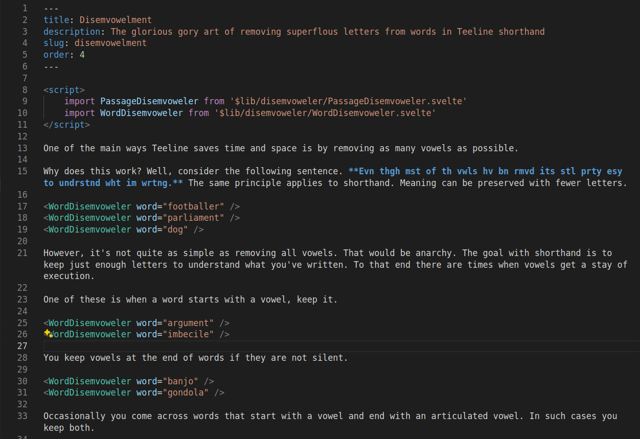 MDX code showing examples of components embedded in the content in a code editor with syntax highlighting.