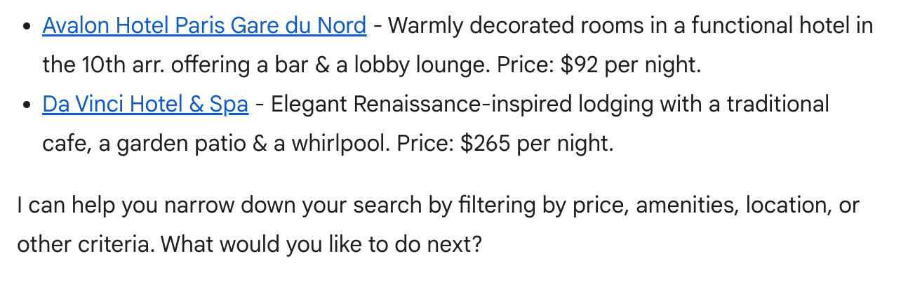 An example of contextual navigation by asking, “I can help you narrow down … What would you like to do next?”