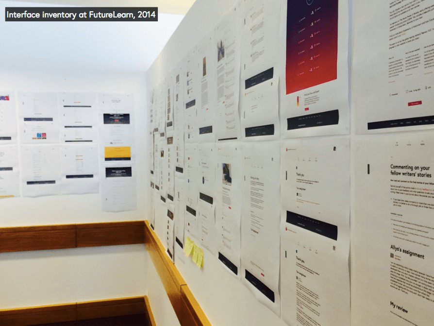 Interface Inventory at Future Learn: going through the interface screens and identifying common patterns and building blocks.