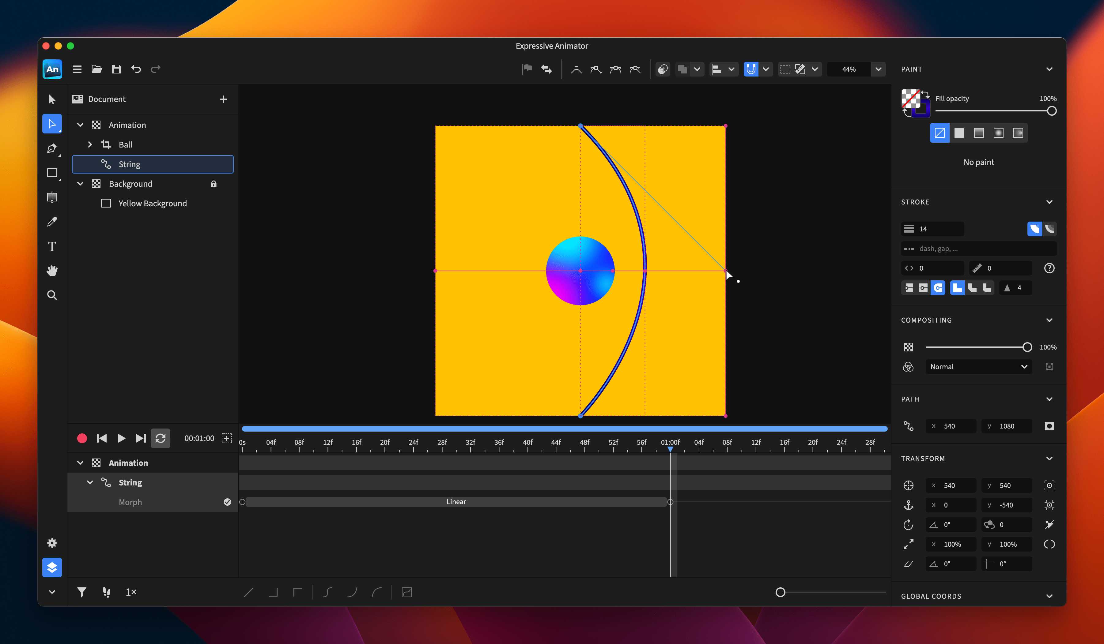 Screenshot with the String object and its handle moved to the center-right point of the artboard