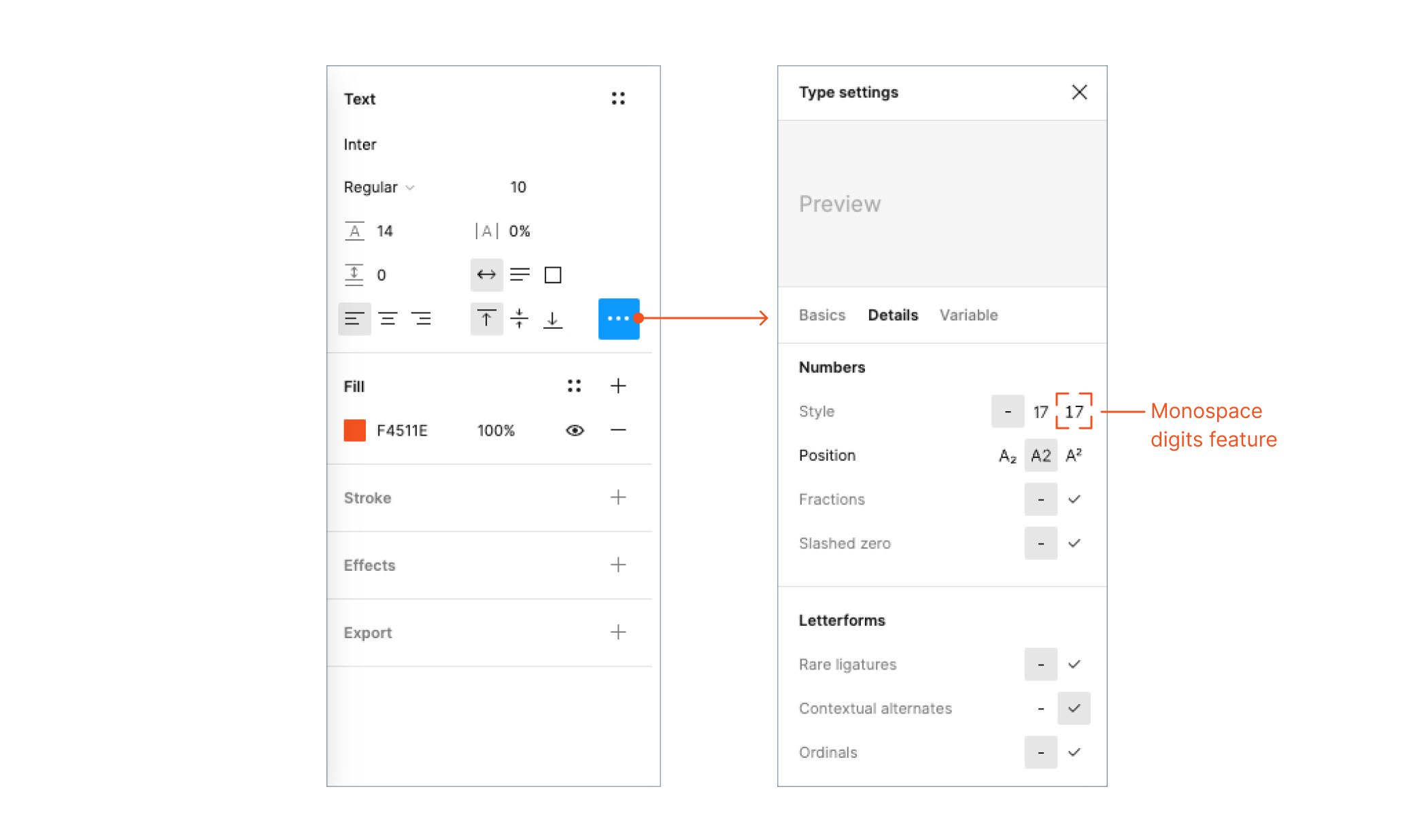 A screenshot showing where to find Monospaced digits feature in Figma