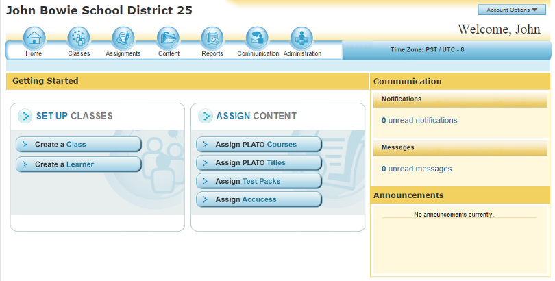 A screenshot of PLATO Courseware home screen
