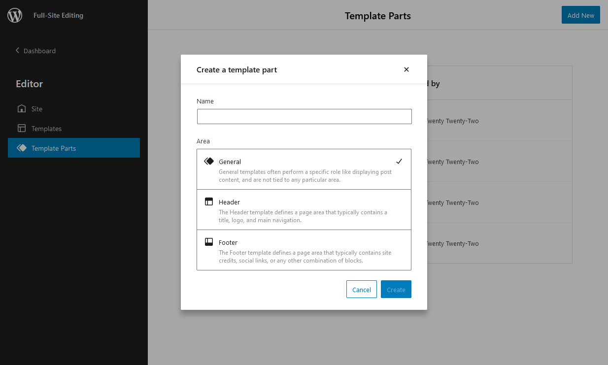 A screenshot of how to create a new template part