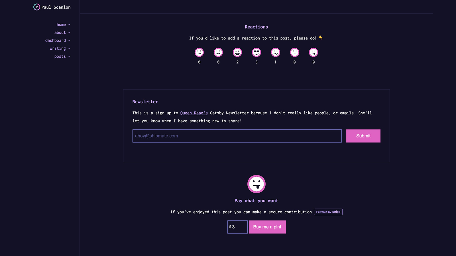 Screenshot of paulie.dev “Pay what you want” user interface
