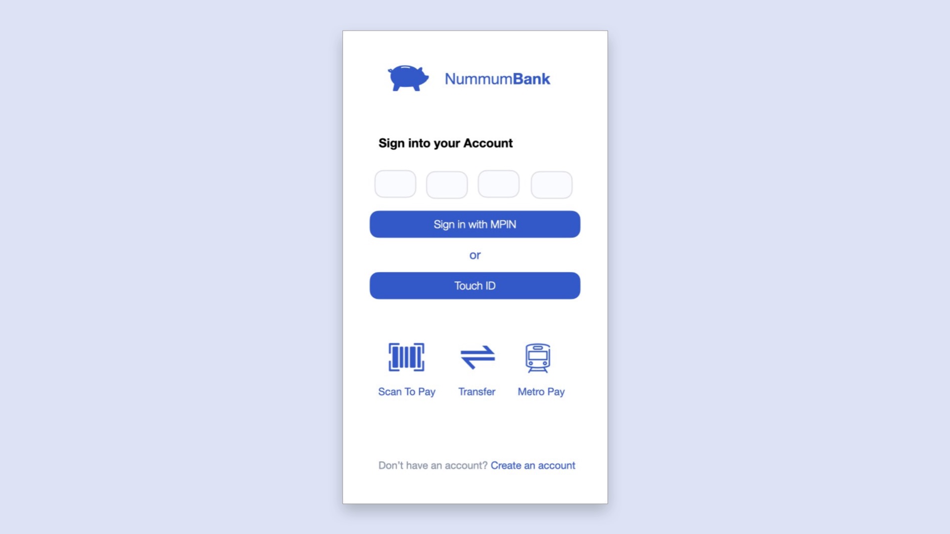 Bank screen mockup with a row of shortcut actions represented by icons below a login form.